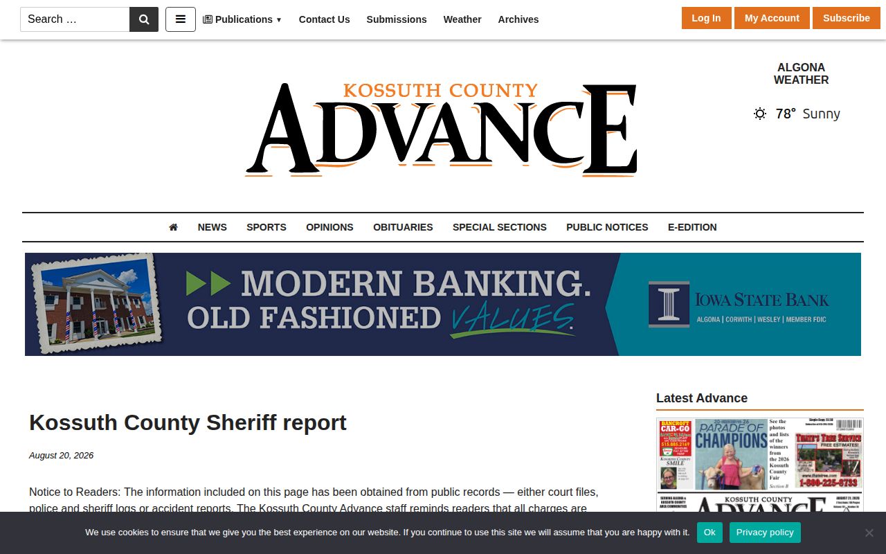 Kossuth County Advance sheriff report page